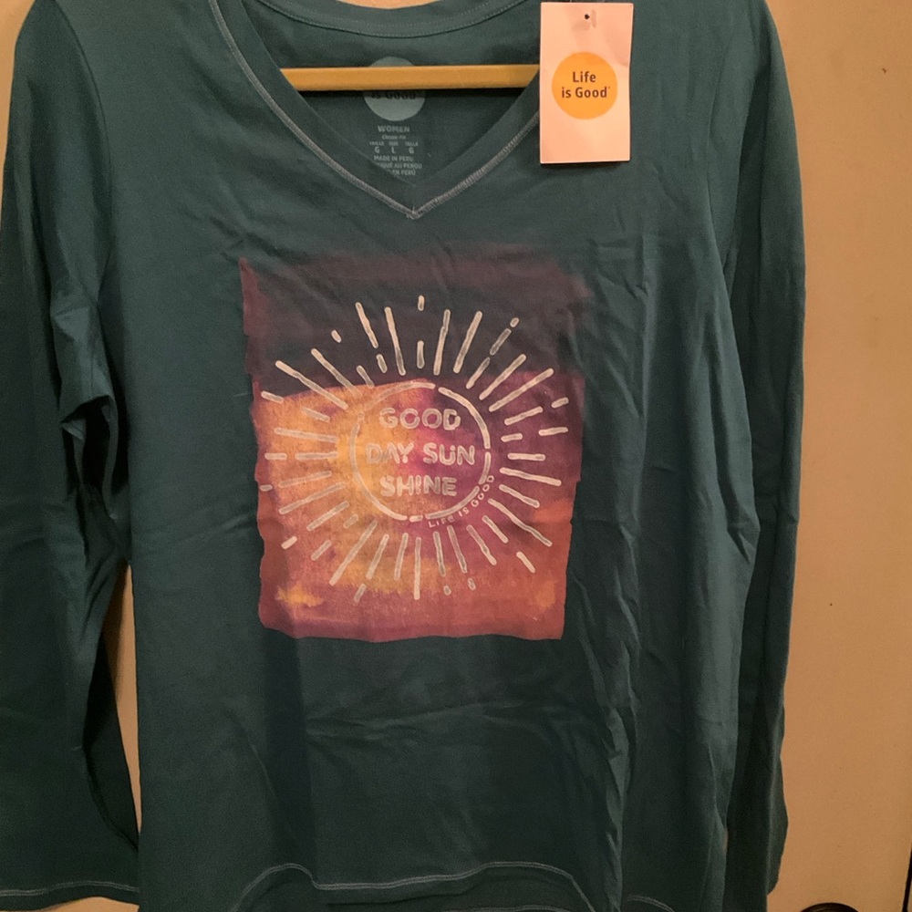 Life is Good Teal Long Sleeve V neck Shirt. New With Tag Womens L